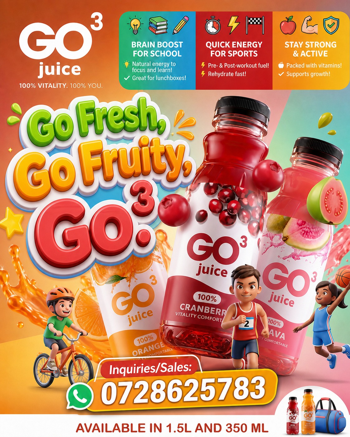 GO³ orange, cranberry and guava juice bottles