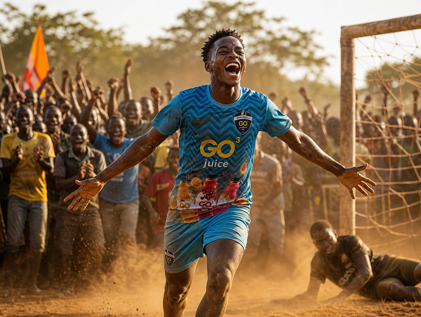Young football player celebrating with his community